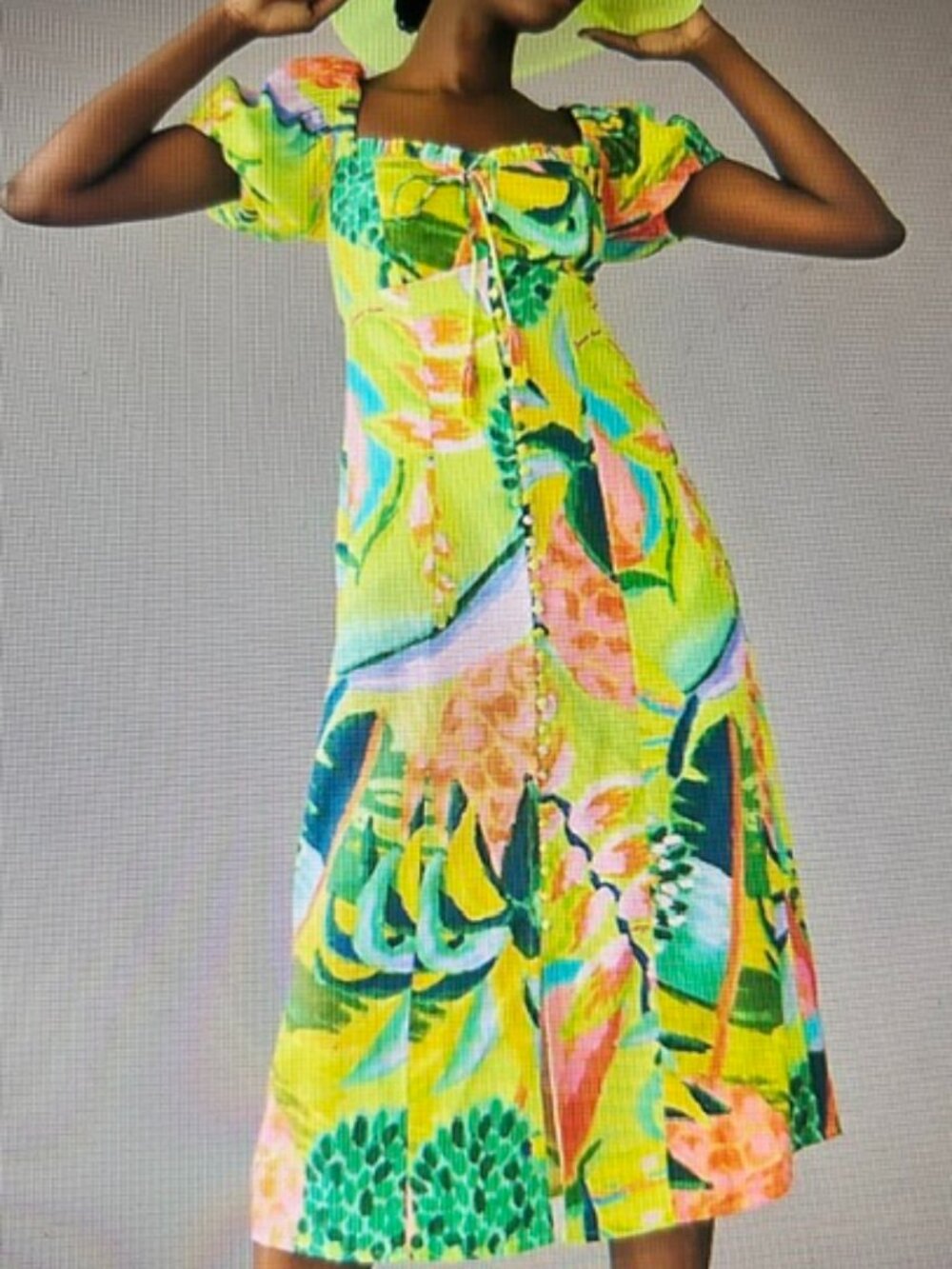 Anthropologie Farm Rio Bold Tropical Multicolor Button Printed Puff-Sleeve Dress